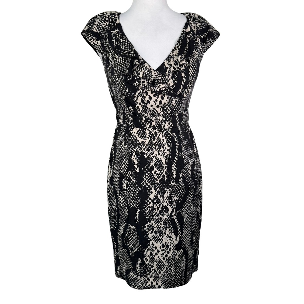 KAY UNGER Women's 2 Black White Silk Snakeskin Print Ruffle V-Neck Sheath Dress